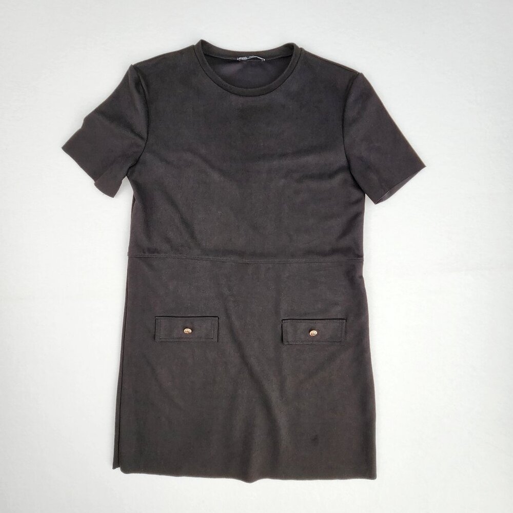 Zara Women's T Shirt Dress with Faux Pockets and Gold Buttons Size M Black